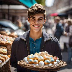 handsome-young-man-with-plate-colorful-cakes-street-background